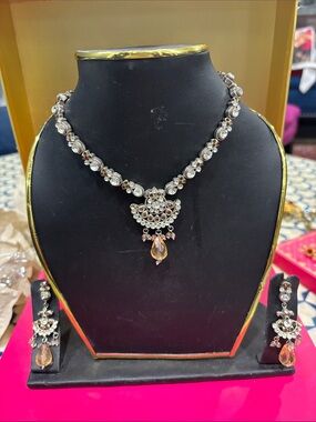 Crystal Accent Silver-Tone Necklace & Earring Set with Peach Drop